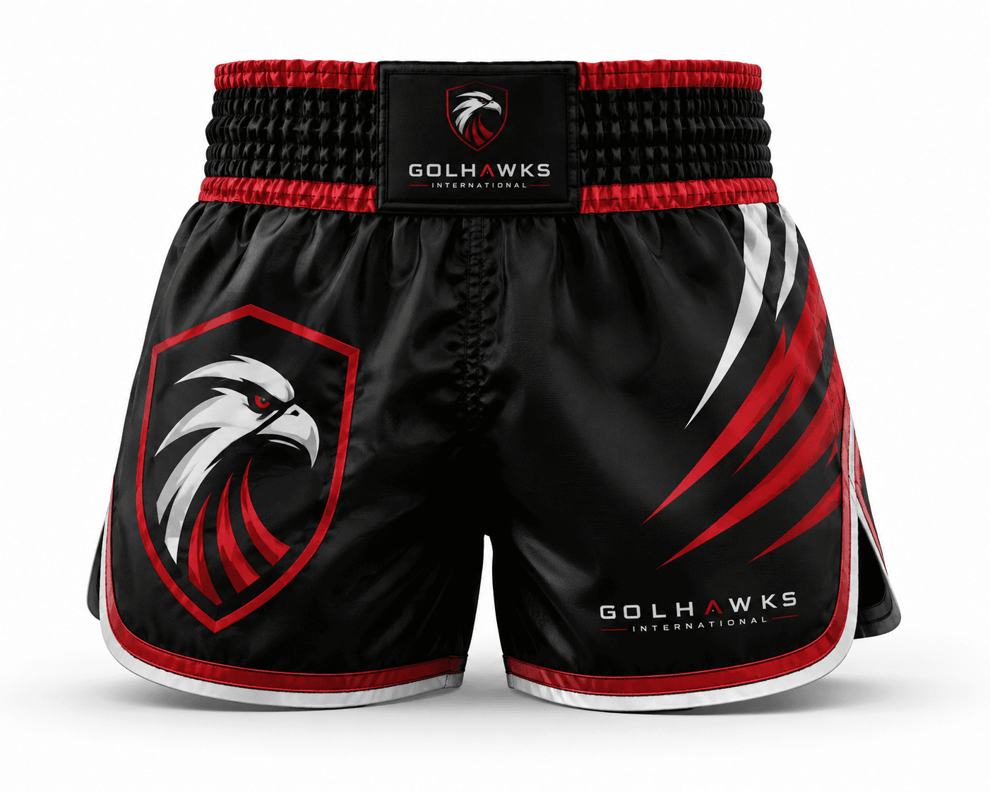 Satin Muay Thai Kickboxing Shorts - Custom MARTIAL ARTS Manufacturing View 1 | GolHawks International Sialkot